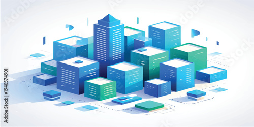 An isometric 3d vector illustration of an abstract cityscape featuring a skyscraper office building and urban apartment construction within a floating city in the sky