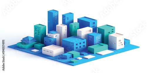 Isometric 3d render of a modern urban city skyline featuring a vector set of skyscraper buildings and business architecture structures in a structured toy block map design