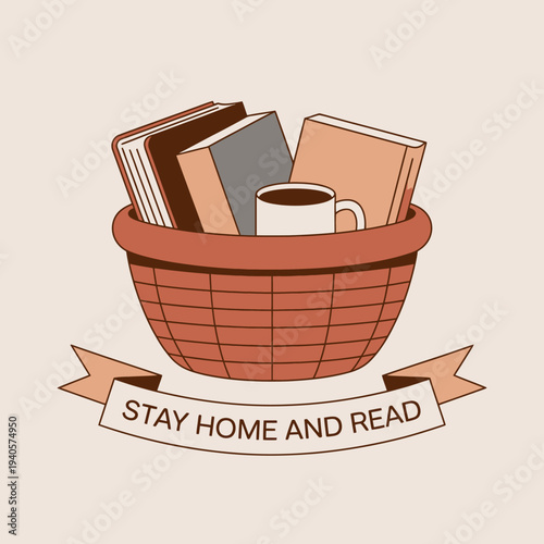 Brown basket with books and coffee mug and stay home and read banner