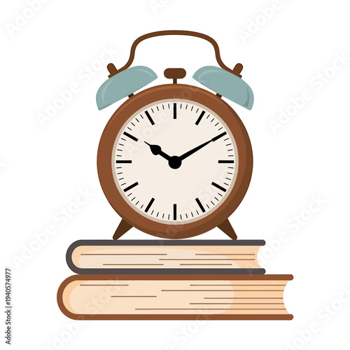 Cartoon illustration of alarm clock sitting on stack of books  time and education concept