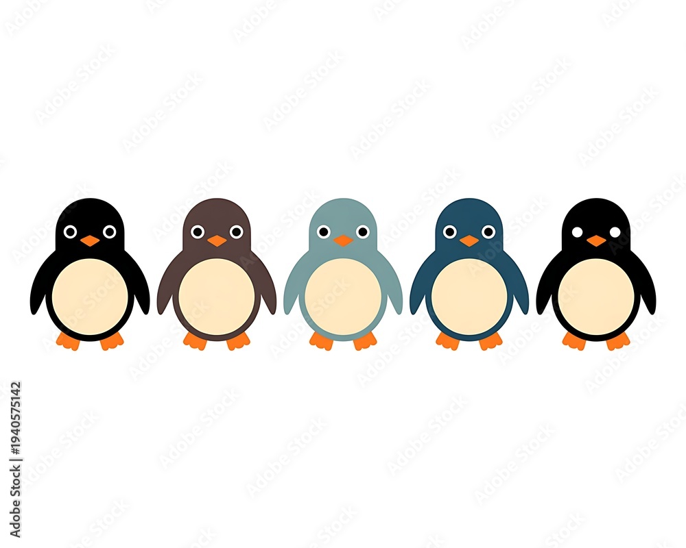 Fototapeta premium A group of colorful cartoon penguins standing in a row on a white background