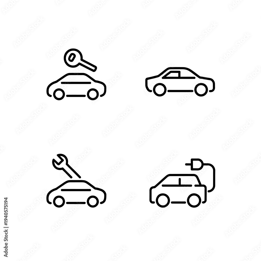 Fototapeta premium Four line icons of cars with key wrench and electric plug on transparent background