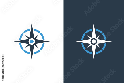 Compass navigation symbols with blue circles on white and dark backgrounds