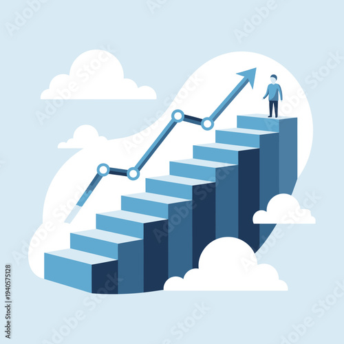 Business growth concept: person climbing stairs with upward trending graph and arrow