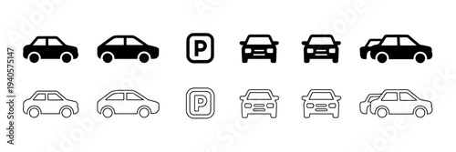 Collection of various car icons and parking signs in black and white