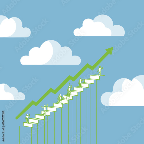 Business growth stairs, teamwork, success, upward arrow, sky, clouds, career, progress