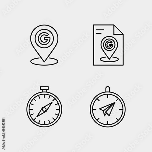 Navigation icons with location pin and compass  travel and direction symbols