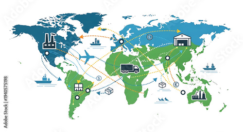 A vector graphic illustration of global logistics and supply chain management with various transportation icons and routes on a world map