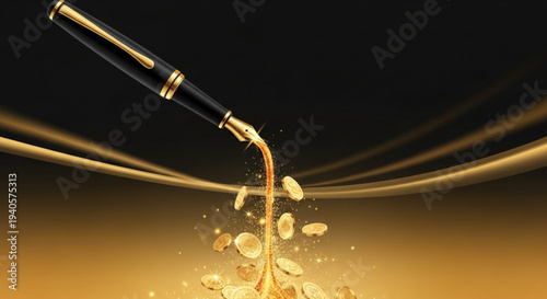 Luxury fountain pen pouring golden liquid coins against a dark background with golden accents and lighting effects