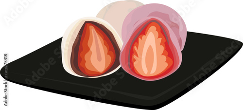 Japanese Strawberry Cream Dessert on Black Serving Plate