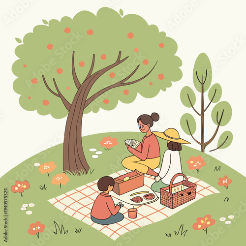 Friends Having a Picnic with Cards Under a Fruit Tree, Relaxing Outdoor Activity