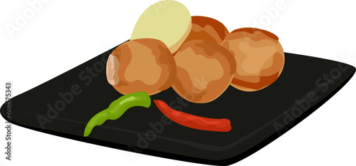 Japanese Dark Sauce Dango Skewer Ball on Black Plate