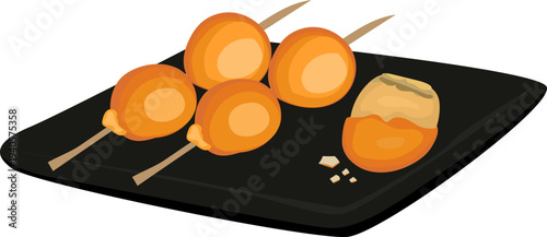 Japanese Mitarashi Dango Rice Ball Skewer on Black Plate