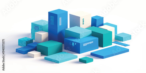 Isometric 3d city skyline illustration featuring abstract architectural blocks and cubes in a modern business technology structure
