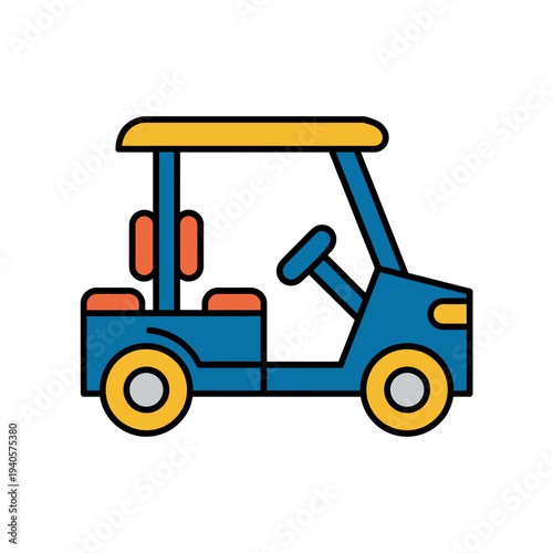 Cartoon golf buggy with yellow roof and wheels and orange seats