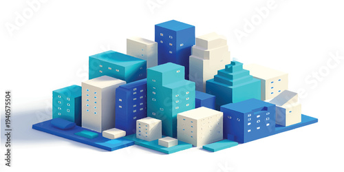 A colorful 3d render of a modern city designed as a fun puzzle of toy blocks and plastic construction cubes representing business buildings and houses