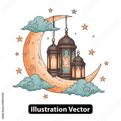 Whimsical mosque lanterns hanging from a crescent moon surrounded by stars and clouds in a dreamy night sky illustration