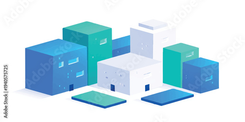 Isometric 3d city architecture illustration featuring urban business buildings and residential house structures with a modern exterior home design and apartment construction plan in a vector town mode