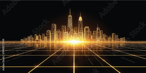 Abstract digital background featuring a blue light cityscape with neon skyscraper silhouettes and urban architecture vectors for a modern business design