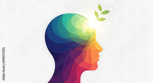 A colorful vector illustration of a human head with a plant growing out of it, symbolizing growth and wellness