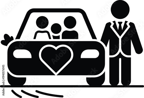 Wedding car with bride and groom silhouette, romantic marriage transport illustration, newlyweds driving celebration vehicle, love wedding concept