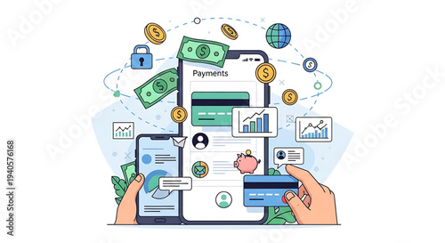 A vector graphic illustration of a mobile phone with a payment screen surrounded by financial icons and hands holding a phone and credit card.