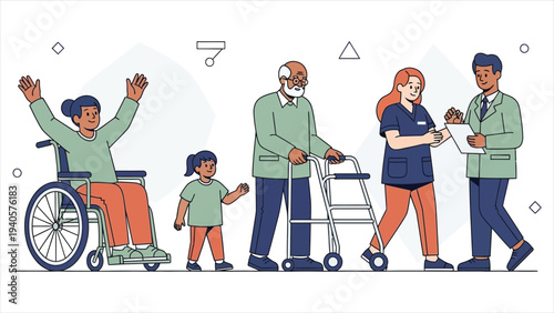  Inclusive Community and Universal Accessibility, Flat Vector Illustration of Diverse People with Disabilities, Caregivers, and Seniors in a Supportive Social Concept