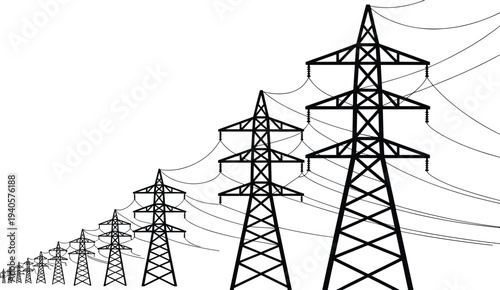 A series of black and white power transmission towers increasing in size from small to large with power lines connecting them