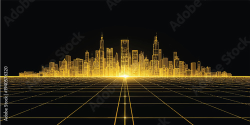 Night city skyline with an urban fountain and skyscraper architecture silhouette in a panoramic downtown view vector illustration