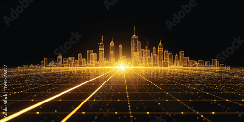 Illuminated fountain in the urban park creates a stunning landmark amidst the city architecture and glowing night skyline of a European downtown