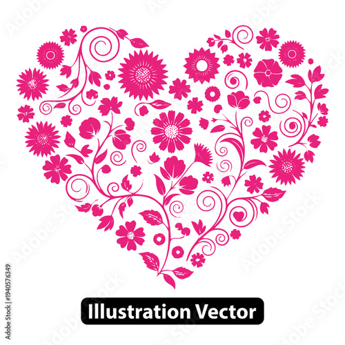 Floral heart shaped illustration with flowers and vines in a decorative artistic style