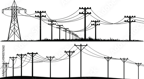 Black and white of power transmission lines and utility poles in a rural landscape power lines electricity