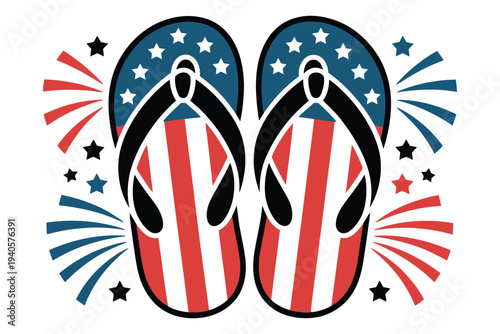 American flag flip flops with fireworks, patriotic 4th of July footwear, summer celebration