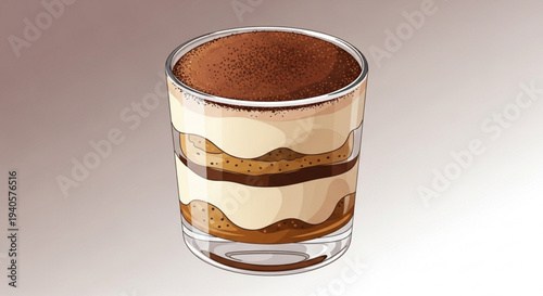Delicious tiramisu dessert in a glass cup with layers of creamy mascarpone cheese and espresso soaked ladyfingers on a neutral background