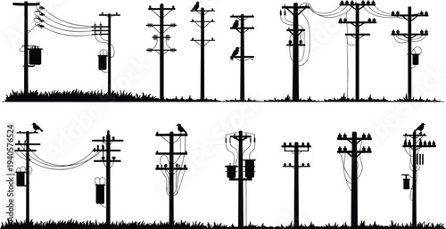 Black and white of utility poles with birds and transformers in a rural setting wires