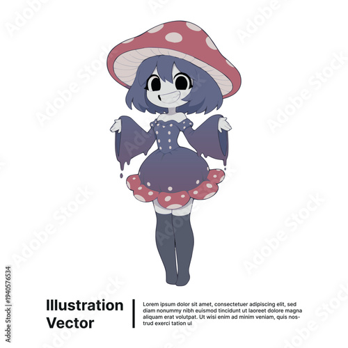 A young girl wearing a mushroom costume stands smiling in a vector illustration from a front viewpoint.