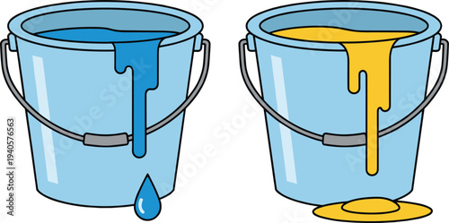 Vector illustration of paint buckets with dripping blue and yellow liquids showing spills and leakage for art, design, and creative artwork