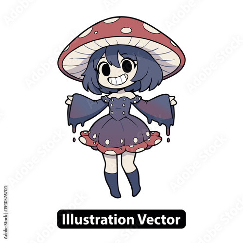 A cartoon girl wearing a mushroom hat and a purple dress stands smiling directly at the viewer