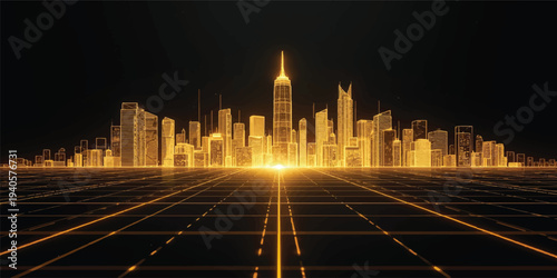 An urban vector illustration of a city fountain at night featuring a silhouette of the downtown skyline with architectural skyscrapers and business buildings against the dark sky