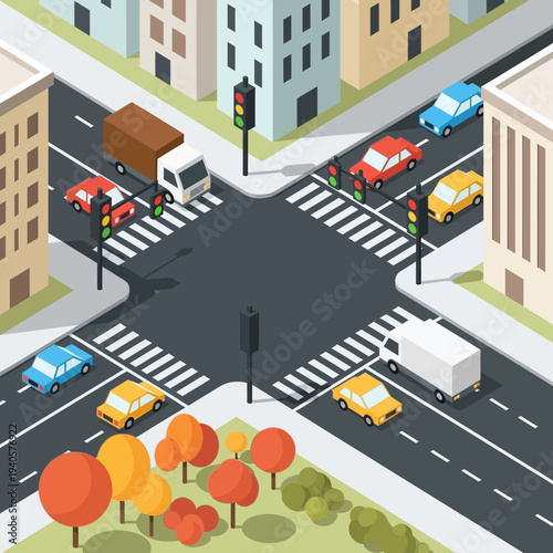 Isometric City Intersection with Traffic and Buildings
