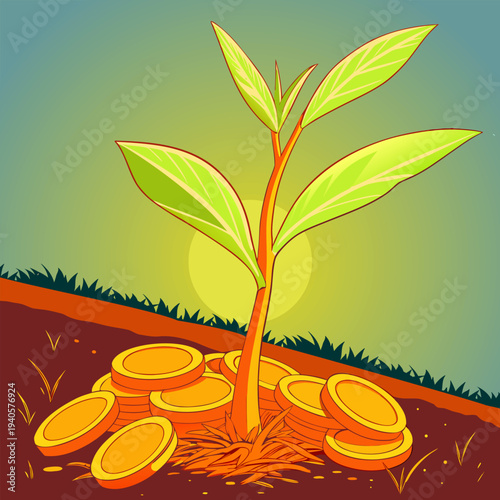 Financial growth concept with plant sprouting from gold coins. Symbol of investment, wealth growth, savings strategy, passive income, and business financial success.