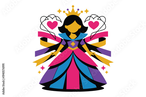 Colorful queen character illustration with royal crown pink and purple gown flowing ribbons and heart shapes representing royalty or fantasy theme
