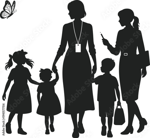 Teacher with school children walking silhouette vector illustration, educator guiding students, education learning concept with kids and butterfly