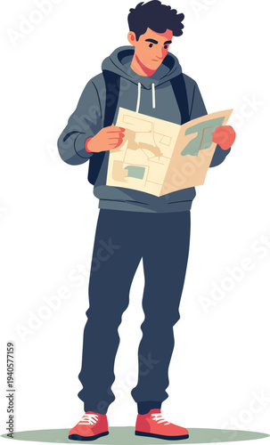 Escursionista con mappa che cerca la strada in montagna – illustrazione vettoriale