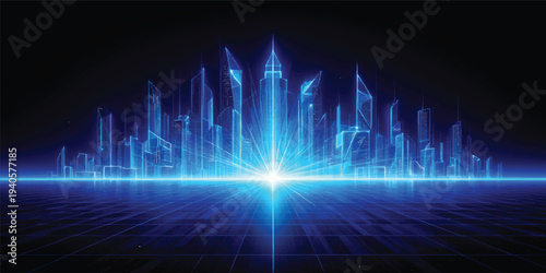 Abstract blue background with glowing digital pulse lines illustrating a medical ECG heartbeat monitor and technology audio equalizer frequency wave