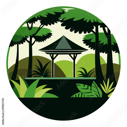 Green landscape with gazebo and trees plants hills