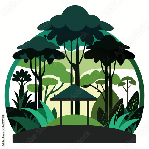 Green jungle landscape with trees and gazebo