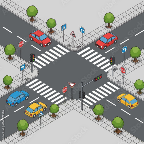 Isometric Crossroads Intersection with Cars, Traffic Lights, and Pedestrian Crossings