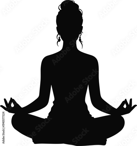Black silhouette of a woman in a meditative yoga pose with hands in mudra and hair in a bun