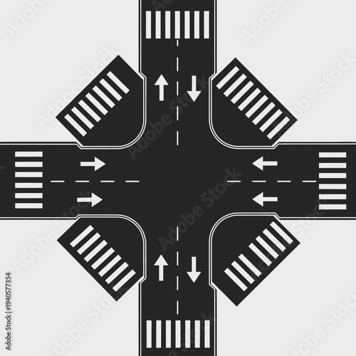 Crossroads Intersection with Pedestrian Crosswalks and Traffic Arrows